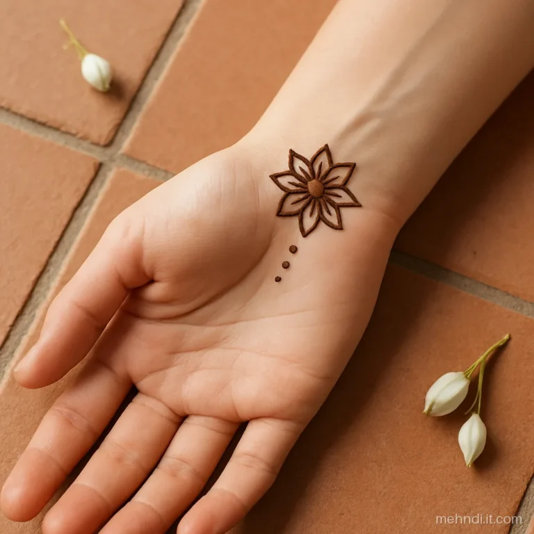 Inside of the wrist with one small flower and three dots under the palm