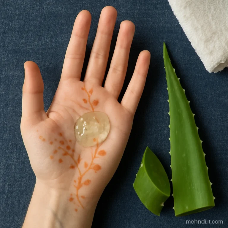 Palm with faded henna being soothed with fresh aloe vera gel after scrubbing