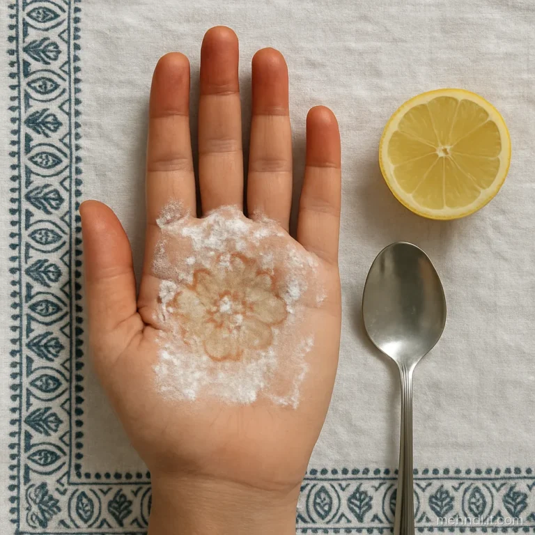Palm covered with a thin white paste of baking soda and lemon over faded henna
