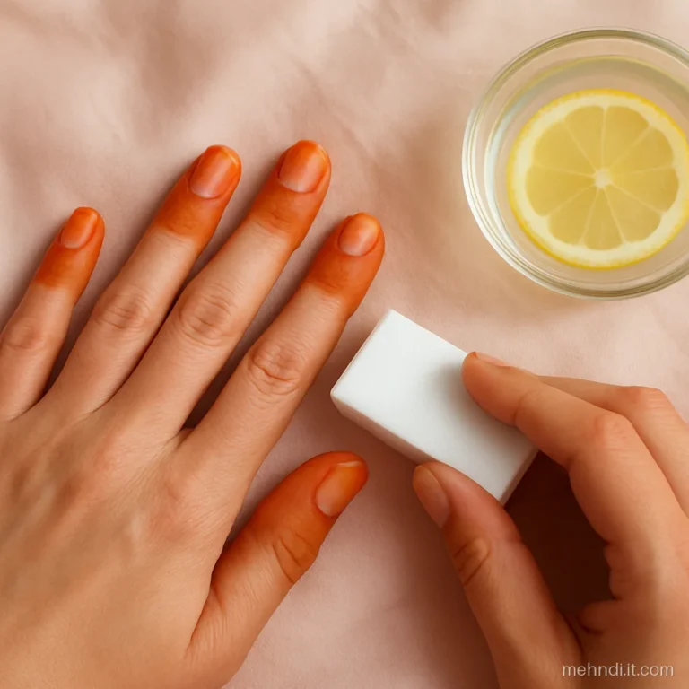 Fingernails with orange henna stain being buffed gently with a soft nail buffer