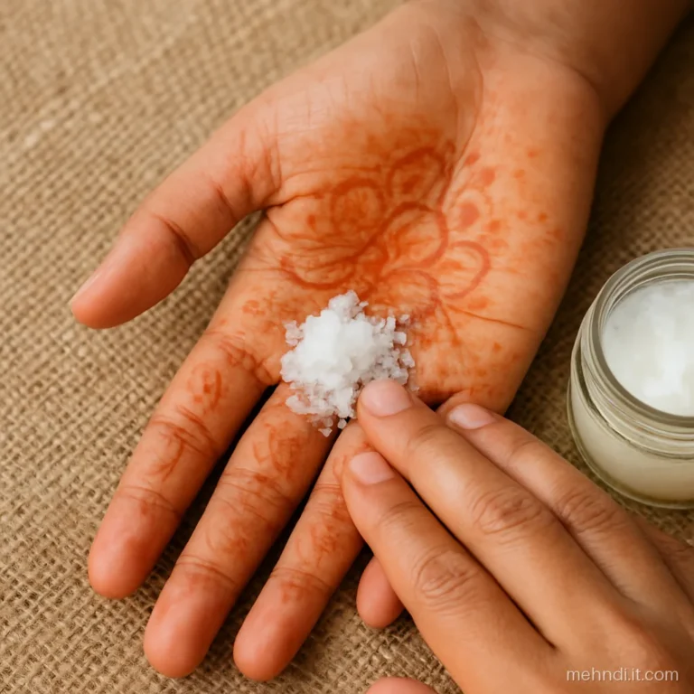 Hand with faded orange mehndi stain being scrubbed with coconut oil and coarse salt