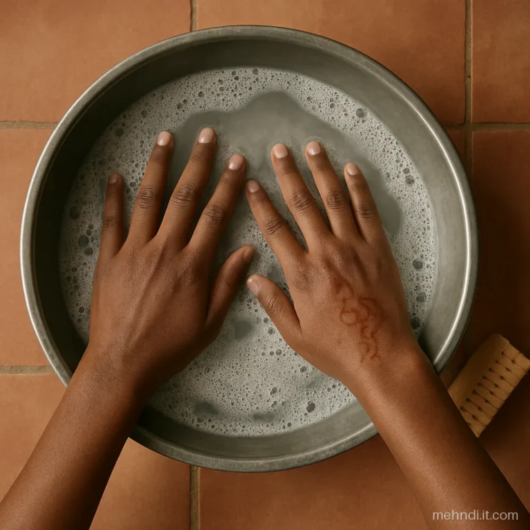 Hands soaking in a steel basin of warm soapy water to fade a henna stain