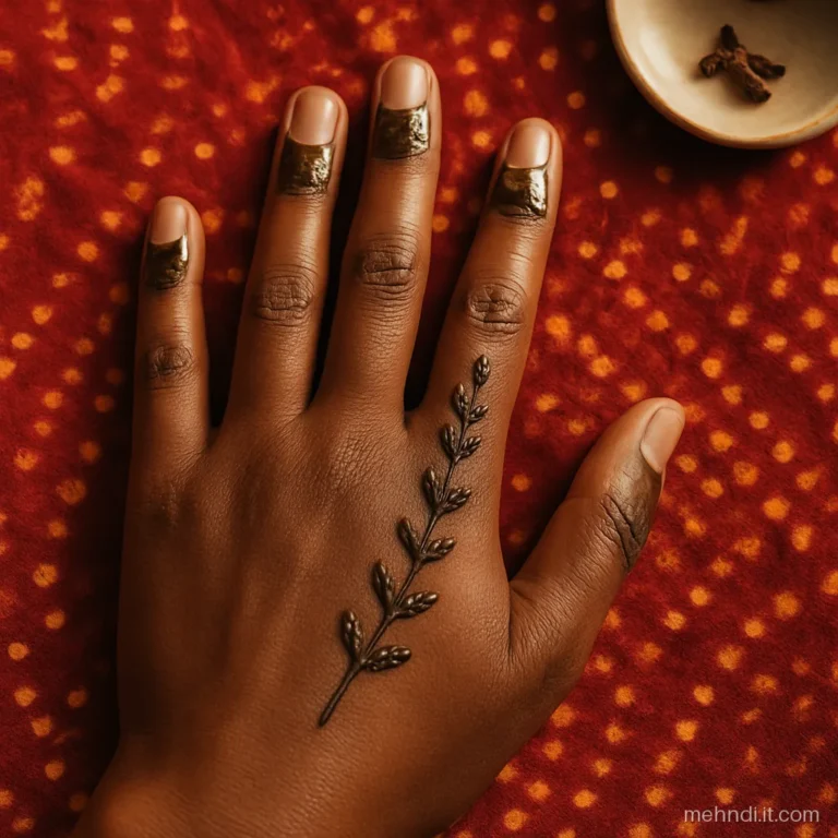 Caps only on the index and ring fingers with one tiny leaf on the others.