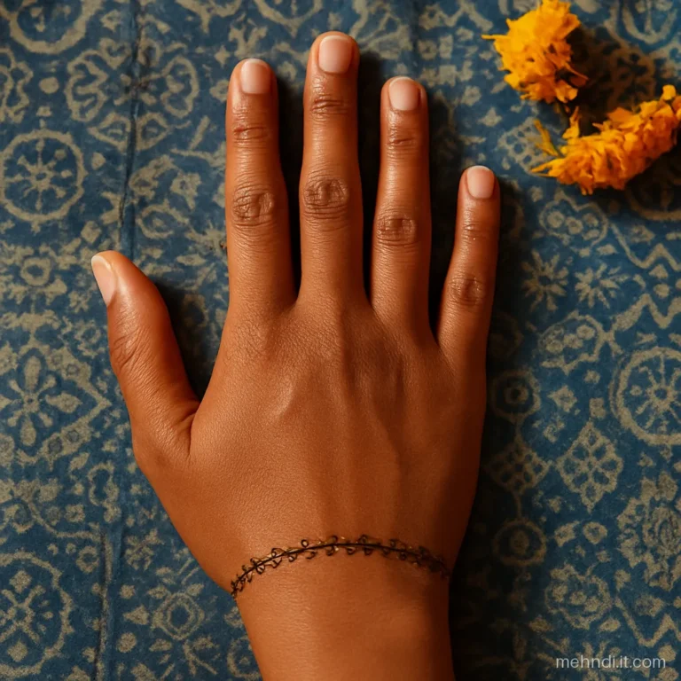 Thin wrist band with matching dotted rings at the base of each finger.