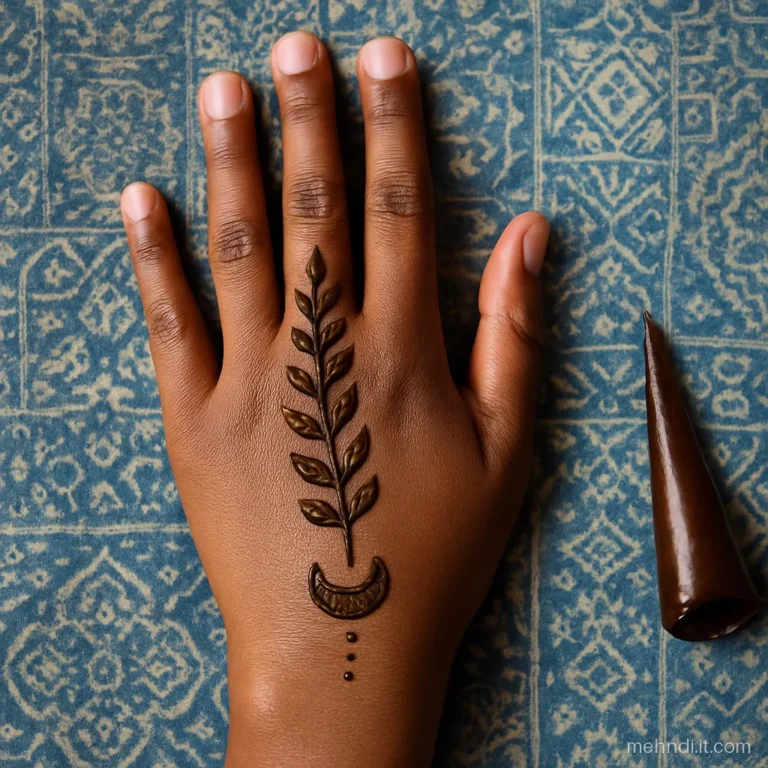 Leafy bel on the back of hand finishing in a crescent moon above the wrist.