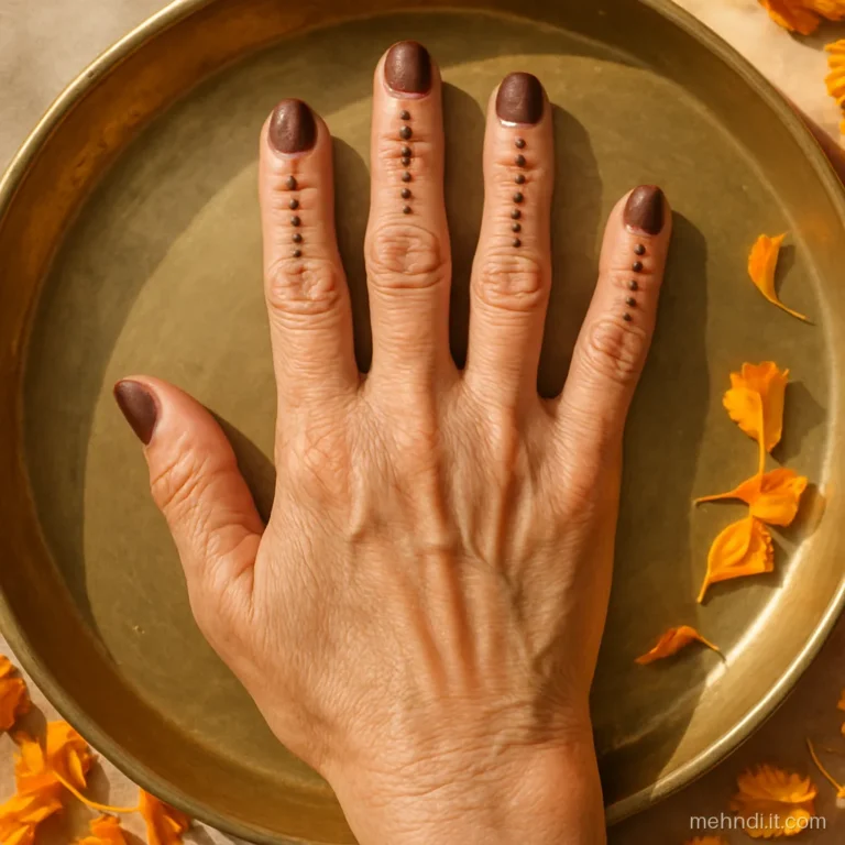 Finger caps with paired dots stepping down each finger like a small ladder.