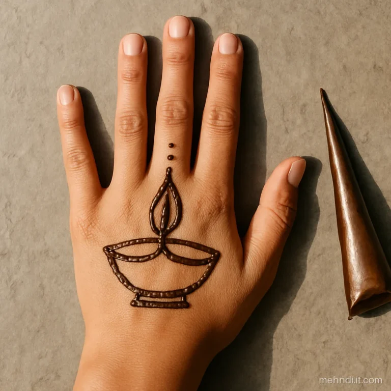 Small diya lamp with a teardrop flame at the centre of the back hand.