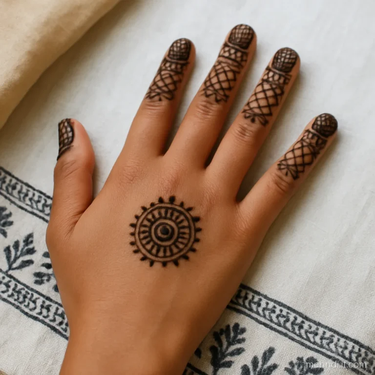Fingertip caps filled with a fine chalni net pattern.