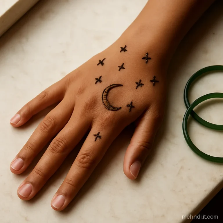 Thin crescent moon with nine scattered tiny stars.