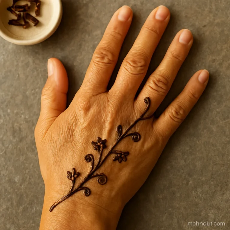 Thin diagonal henna vine crossing the back of the hand toward the ring finger.
