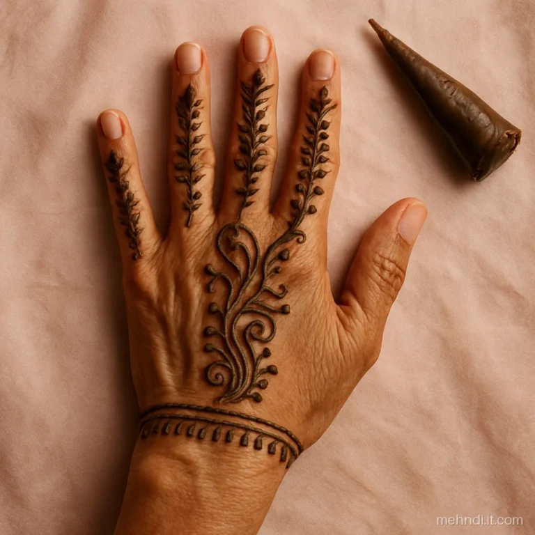 Two thin henna bracelets on the wrist with a fringe of small leaves.