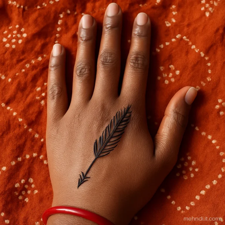 Minimal feather outline crossed by a thin arrow.