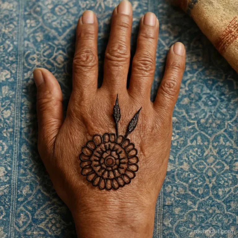 Round marigold genda flower with three long leaves reaching toward the fingers.