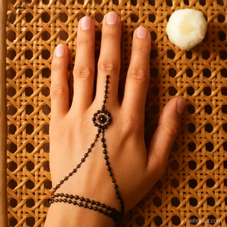 Haath phool style chain linking a wrist band to a ring on the middle finger.