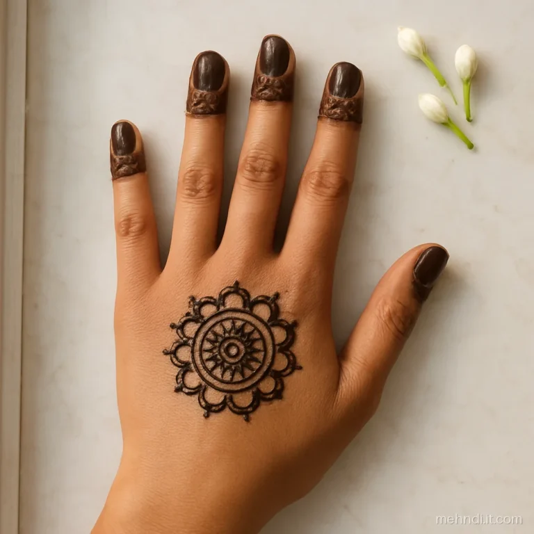 Half finger caps paired with a small round mandala at the centre of the hand.
