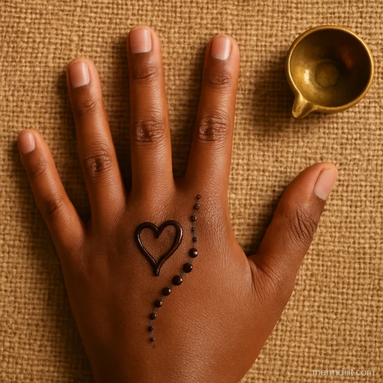 Small outline heart near the knuckle with a curved trail of tiny dots.