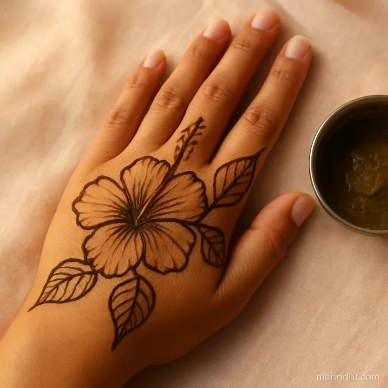 One large hibiscus flower in the centre of the hand with two outline leaves.