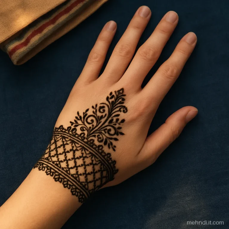 Broad cuff on the wrist filled with a fine diamond jaal and scalloped top.