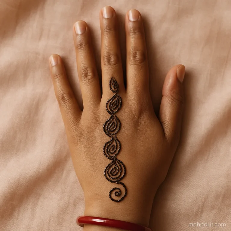 Back hand bel made of small paisley kairi shapes ending in a curl at the wrist.