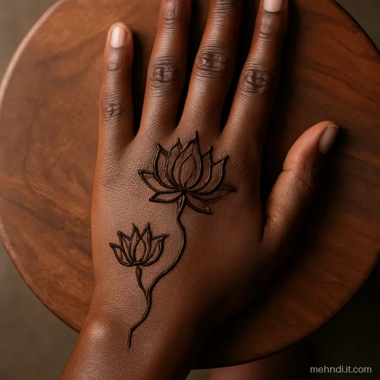Two lotus flowers placed diagonally across the back of the hand on one stem.