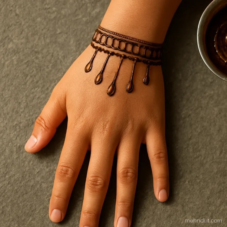 Wide kangan band at the wrist with small drops hanging toward the fingers.