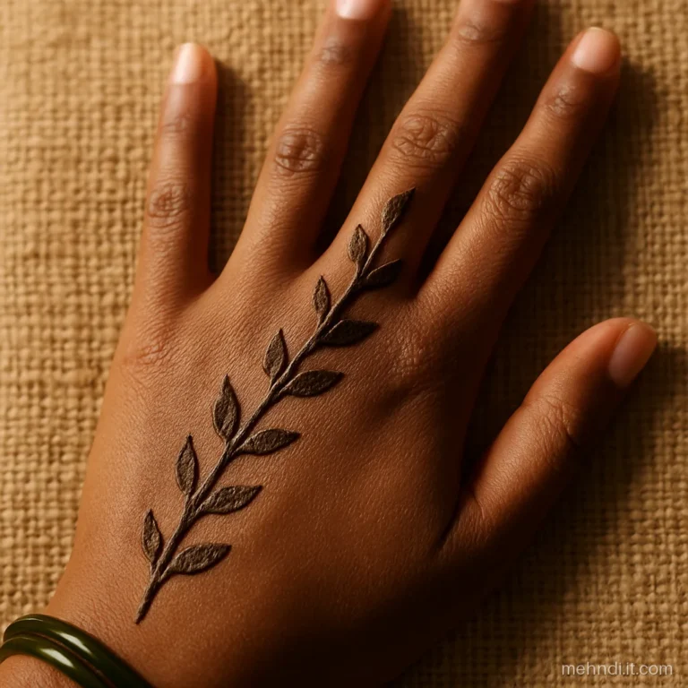 Back of hand with one leafy bel running from the index finger to the wrist.