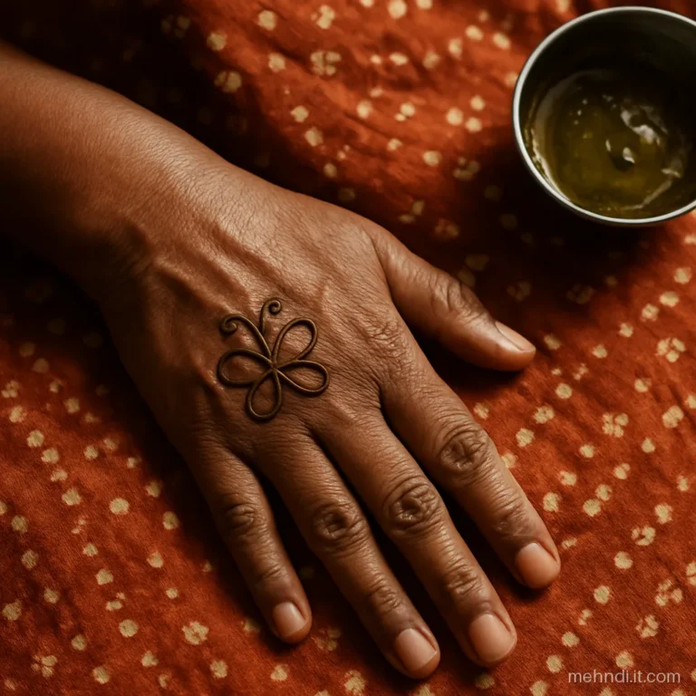 Small henna butterfly with outlined wings near the little finger knuckle.