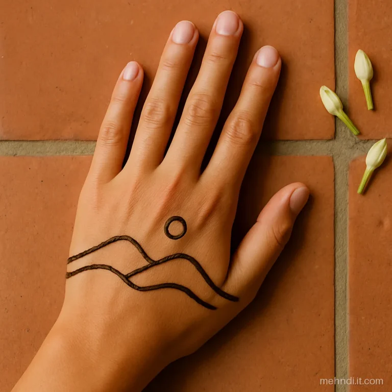 Single continuous line drawing of rolling hills and a sun across the hand.