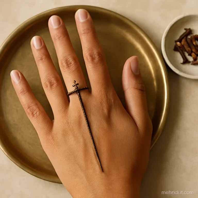 Single henna ring around the ring finger with a small three dot cluster.