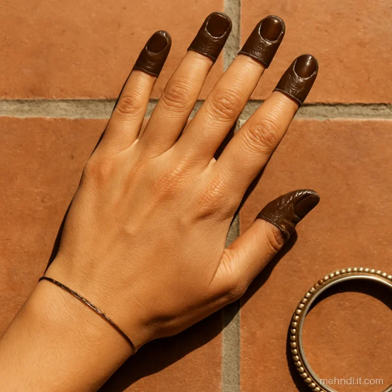 Back hand with solid henna finger caps and only a thin line across the wrist.