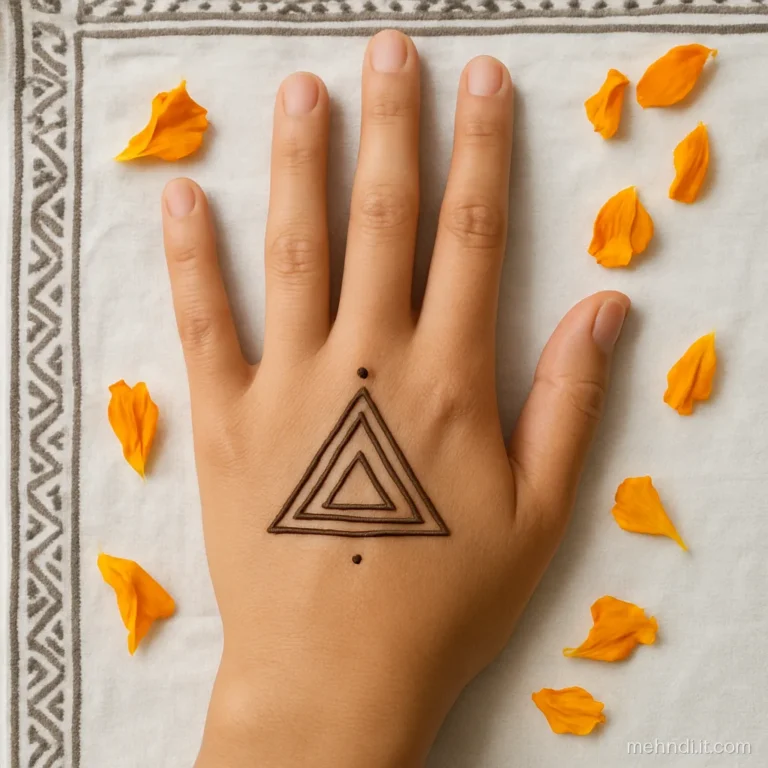 Three nested outline triangles in fine henna lines.