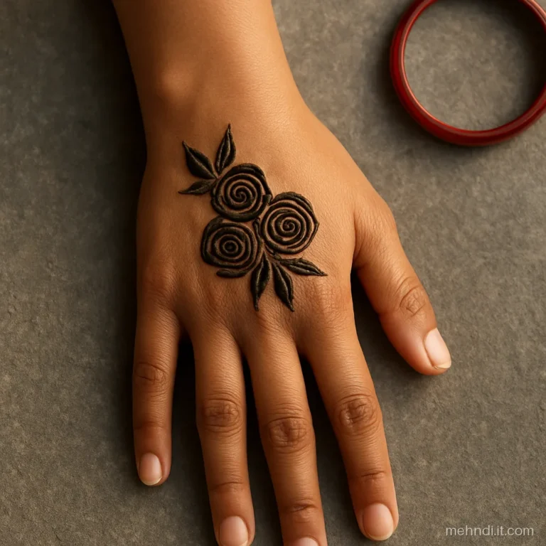 Three small henna roses grouped below the knuckles.