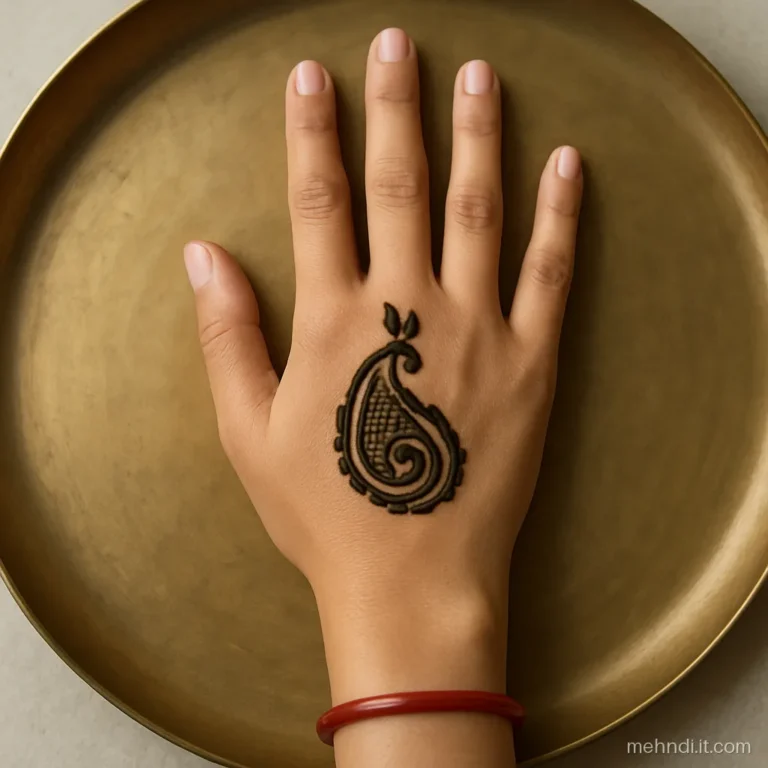 Single paisley kairi drawn in the corner between thumb and index finger.