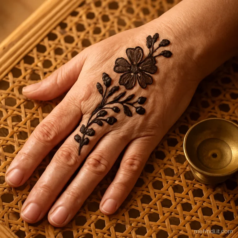 Spray of small flowers and buds along the thumb side of the back of hand.
