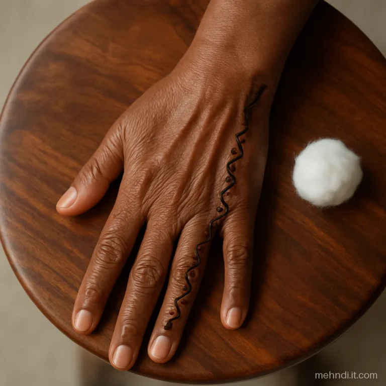 Zigzag henna line with dots running from the little finger down to the wrist.
