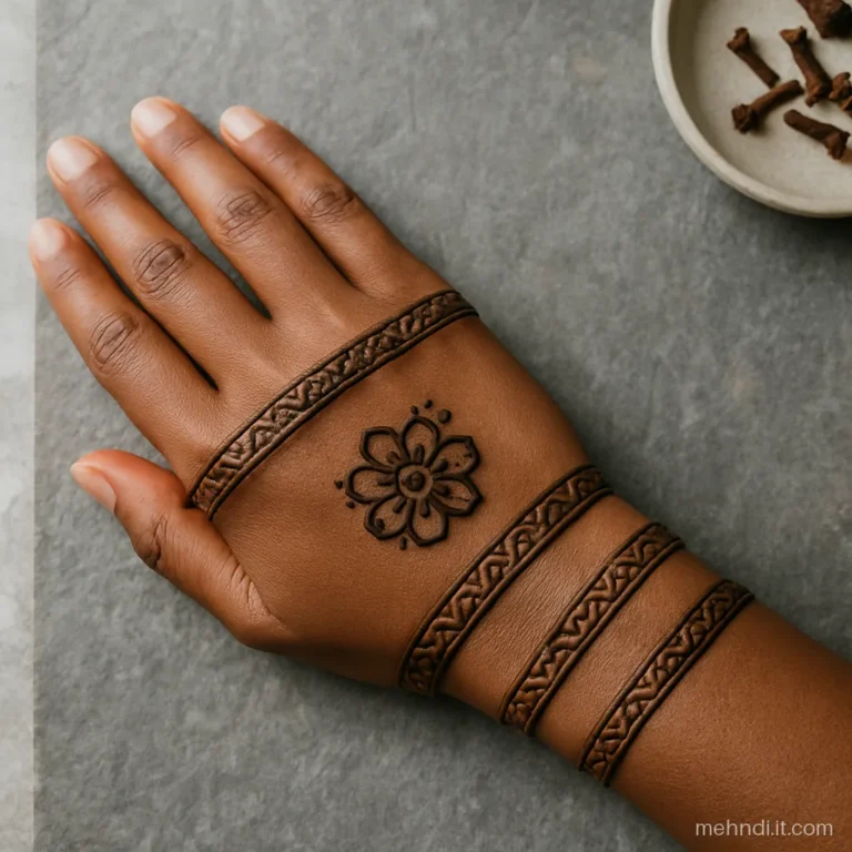 Four bangle style henna bands stacked up a forearm with bare skin between