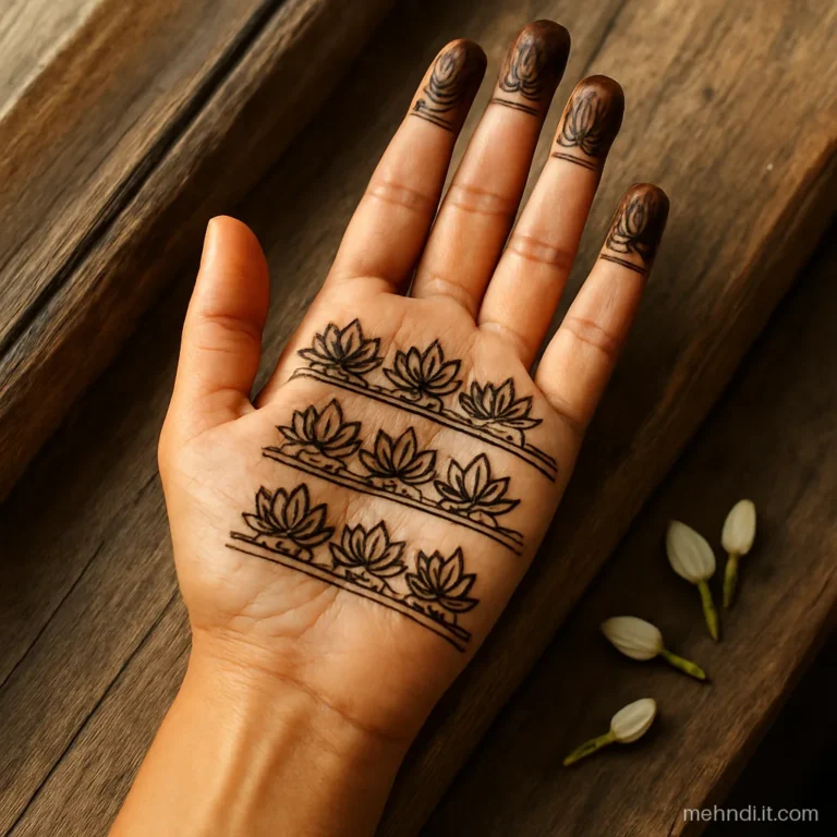 Three rows of small lotus flowers separated by double lines on a palm
