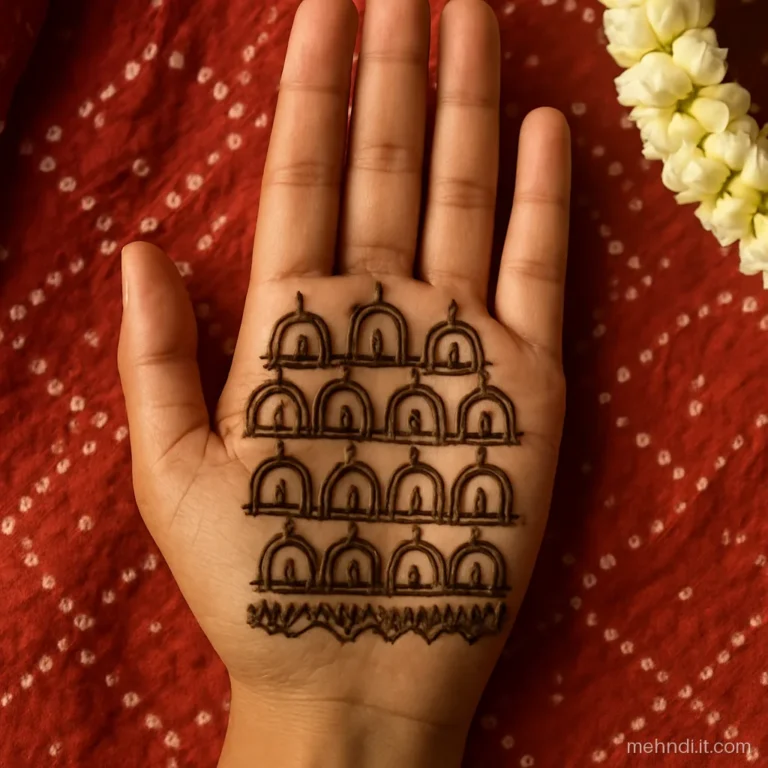 Rows of small temple arches with tiny diyas across a woman's palm