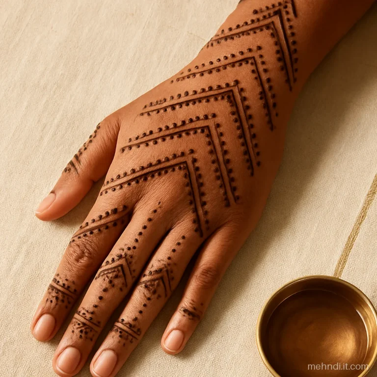 Repeating zigzag lines and dot rows from fingertips to wrist
