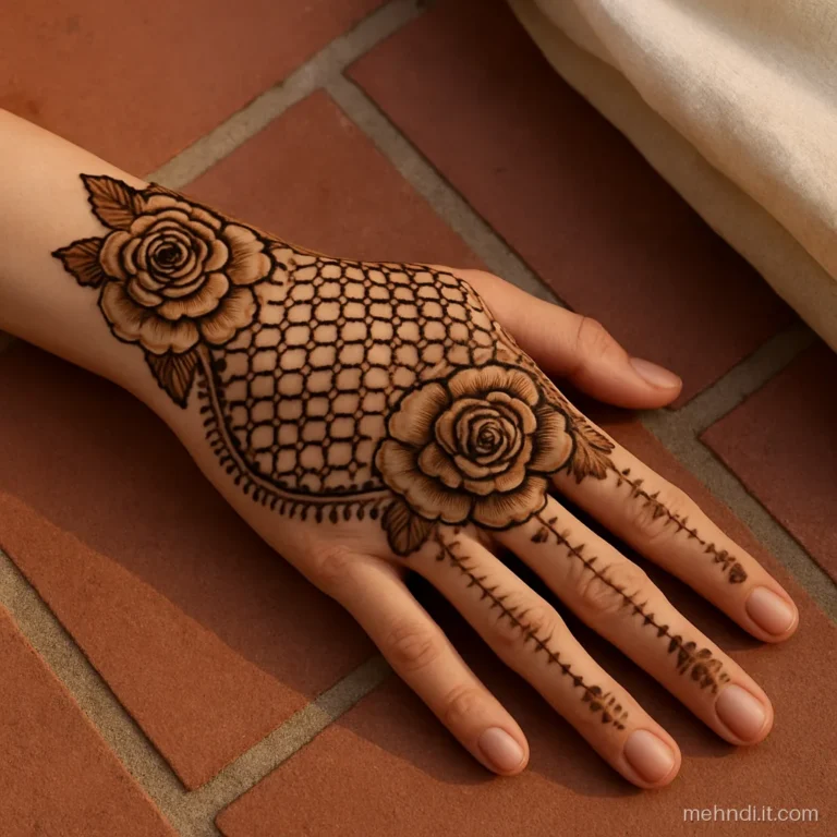 Net of tiny crescent moons with two large shaded roses on a back hand