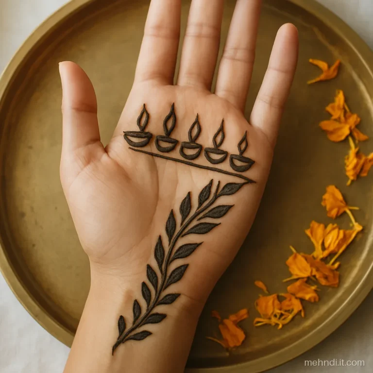 Row of small lit diyas across finger bases with a leaf trail below