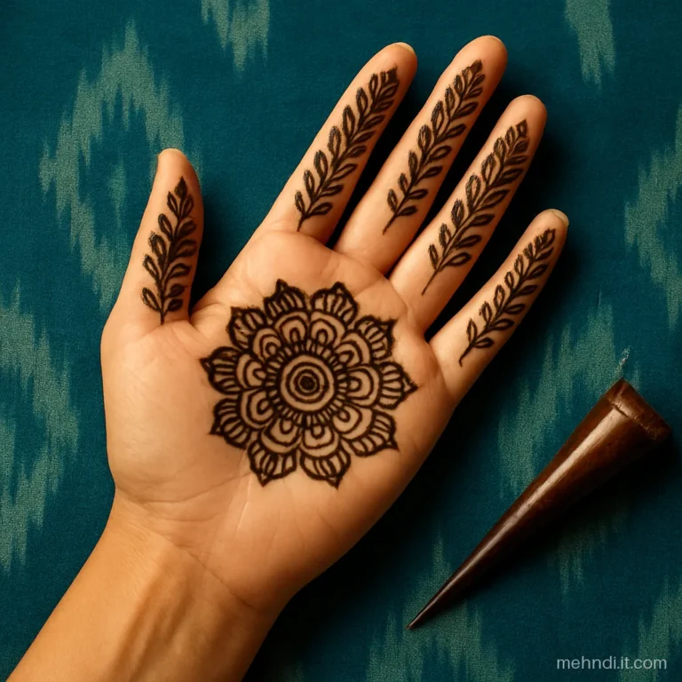 Round palm tikki with petal rings and shaded leaf trails on each finger