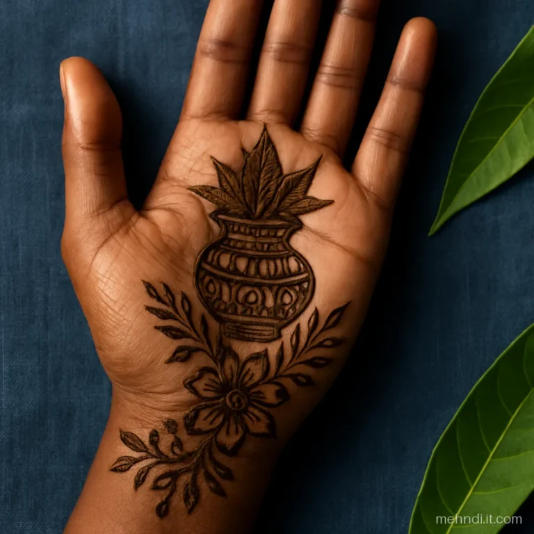 Detailed kalash on a palm above a bold flower cluster at the wrist