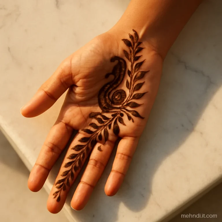 Peacock with a detailed neck and loose shaded leaf tail on a palm