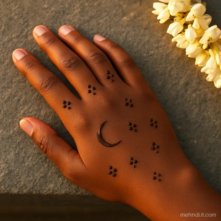 Scattered clusters of henna dots with a small crescent on a back hand