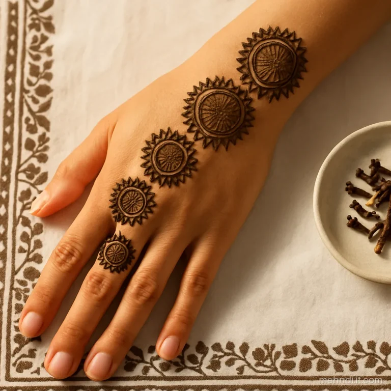 Five bare circles ringed with petals on a lined back hand