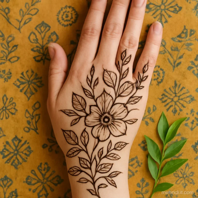 Large flowers and leaves drawn only as outlines across a palm