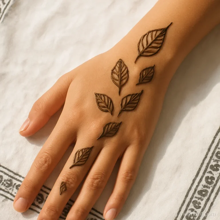 Scattered single leaves falling from knuckles down a woman's forearm