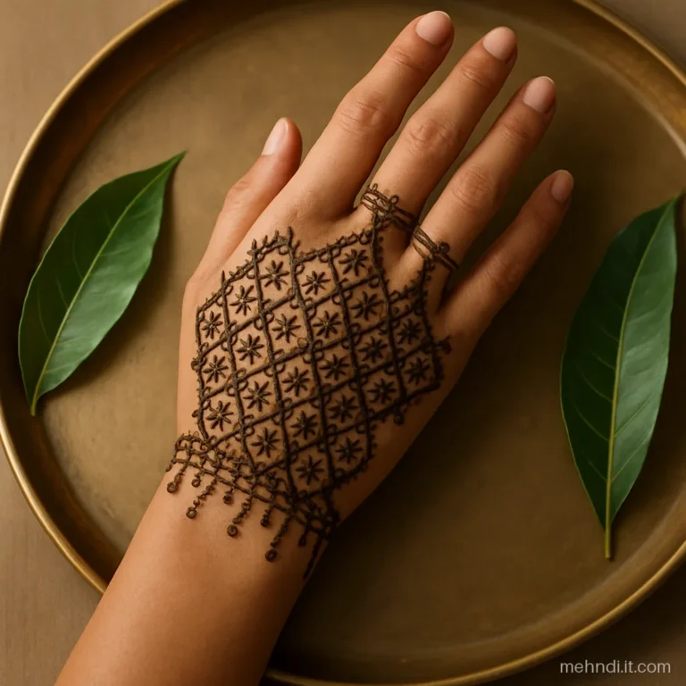 Lace net mehndi covering the back of a hand like a fingerless glove