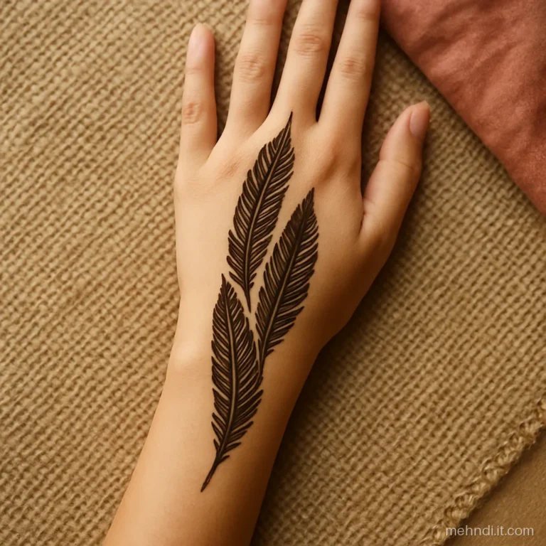 Three long shaded feathers stretching from palm centre up the inner forearm